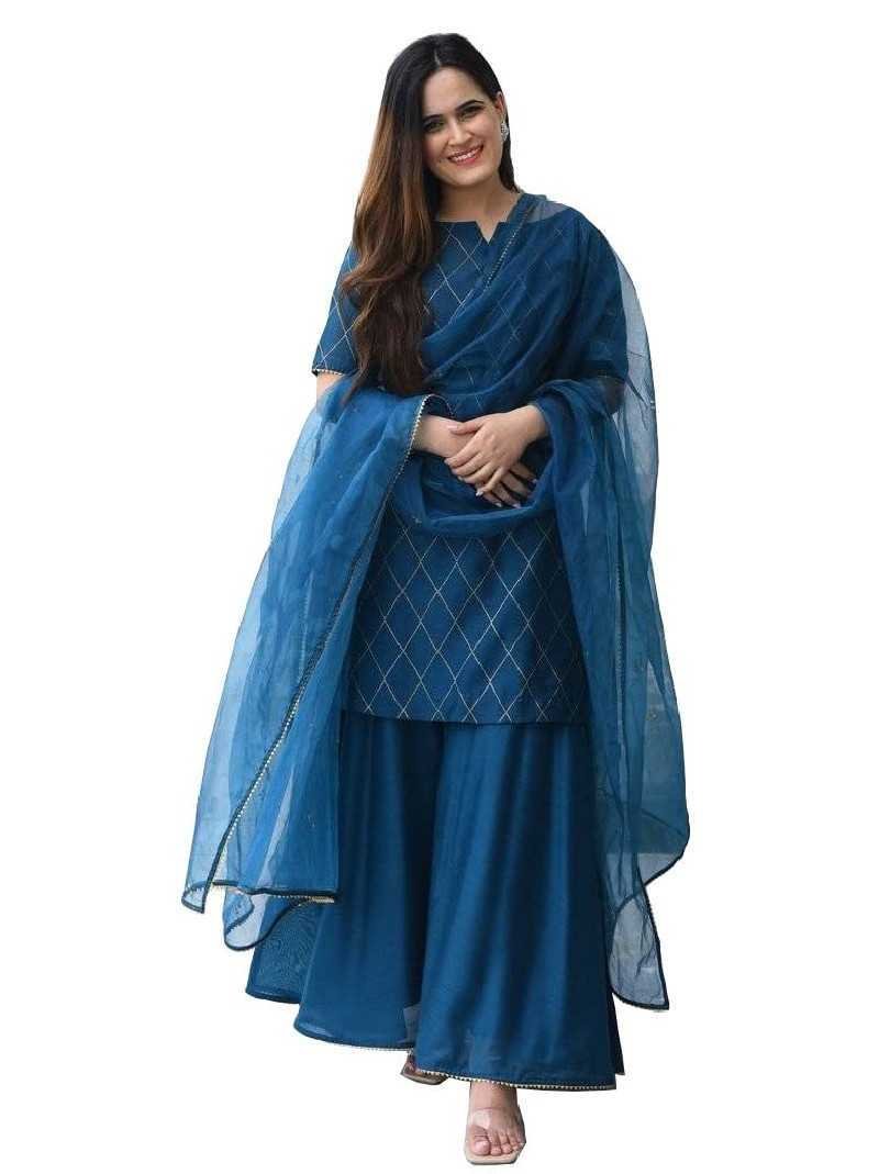UMustGet Women's Crepe Regular Kurta with Pant & Dupatta (Rama)-P
