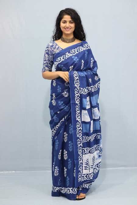 JALTHER Handicrafts Women's Ikat Hand Block Print Jaipuri Cotton Mulmul Saree with Blouse Piece