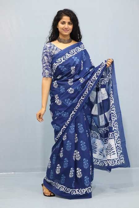 JALTHER Handicrafts Women's Ikat Hand Block Print Jaipuri Cotton Mulmul Saree with Blouse Piece