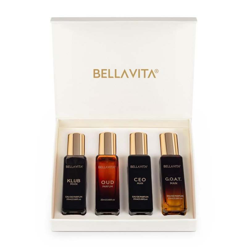 Bella Vita Luxury Man Perfume Gift Set 4 x 20 ml for Men with KLUB, OUD, CEO, G.O.A.T Perfume | Woody, Citrusy Long Lasting EDP Bella Vita Luxury Man Perfume Gift Set 4 x 20 ml for Men with KLUB, OUD, CEO, G.O.A.T Perfume | Woody, Citrusy Long Lasting EDP