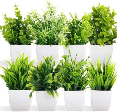 Dekorly Artificial Potted Plants, 8 Pack Artificial Plastic Eucalyptus Plants Small Indoor Potted Houseplants, Small Faux Plants