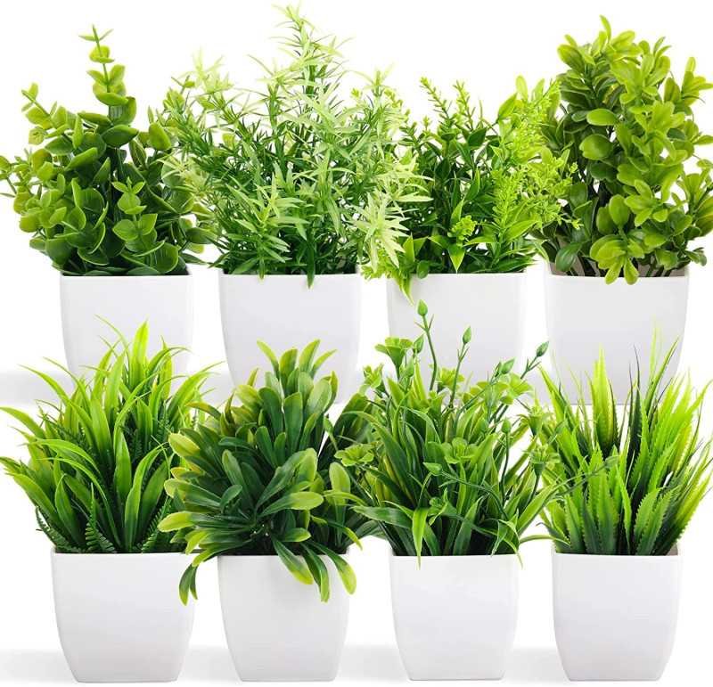 Dekorly Artificial Potted Plants, 8 Pack Artificial Plastic Eucalyptus Plants Small Indoor Potted Houseplants, Small Faux Plants