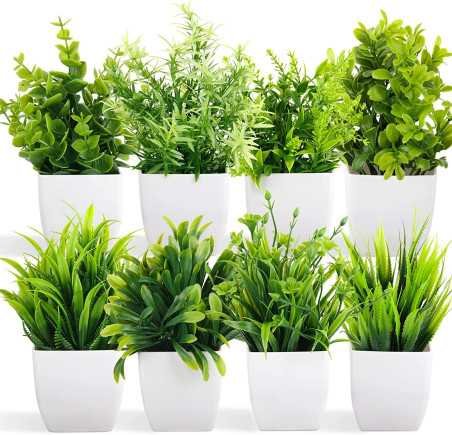 Dekorly Artificial Potted Plants, 8 Pack Artificial Plastic Eucalyptus Plants Small Indoor Potted Houseplants, Small Faux Plants