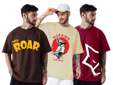 LEOTUDE Men Half Sleeve Oversized Tshirt, Round Neck Longline Drop Shoulder | Colorful Printed Combo Regular Fit T-Shirt (Pack