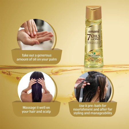 Emami 7 Oils In One | Non Sticky & Non Greasy Hair Oil | 20 Times Stronger Hair | Nourishes Scalp | Free of Sulphates, Parabens Emami 7 Oils In One | Non Sticky & Non Greasy Hair Oil | 20 Times Stronger Hair | Nourishes Scalp | Free of Sulphates, Parabens