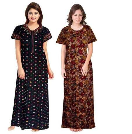 KBNBJ Nighty for Women Cotton Printed Maxi Gown Ankle Length Nighty Night Dress Gown for Women Maxi - (Pack of 2)