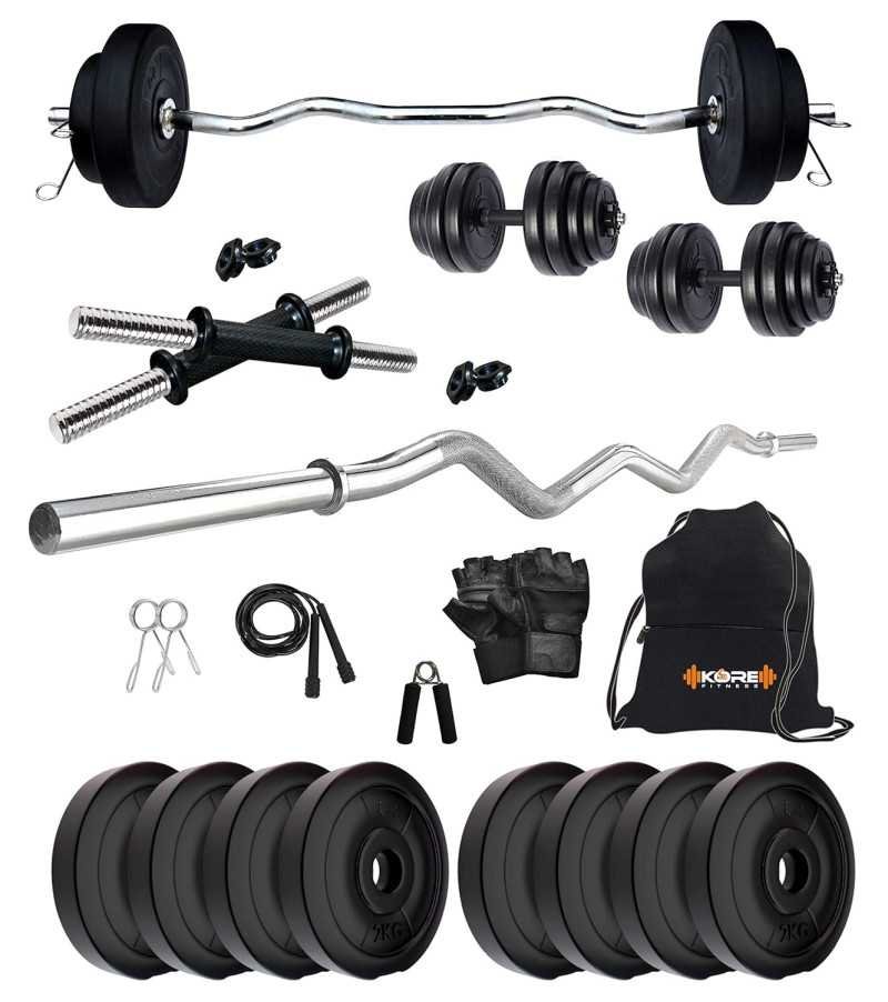 Kore PVC 16 Kg Home Gym Set With One 3 Ft Curl And One Pair Dumbbell Rods With Gym Accessories, Black Kore PVC 16 Kg Home Gym Set With One 3 Ft Curl And One Pair Dumbbell Rods With Gym Accessories, Black