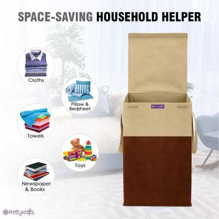 PrettyKrafts 75 L Non Woven Rectangular Foldable Large Laundry Bag/Basket With Lid & Handle, Freestanding Clothes Storage