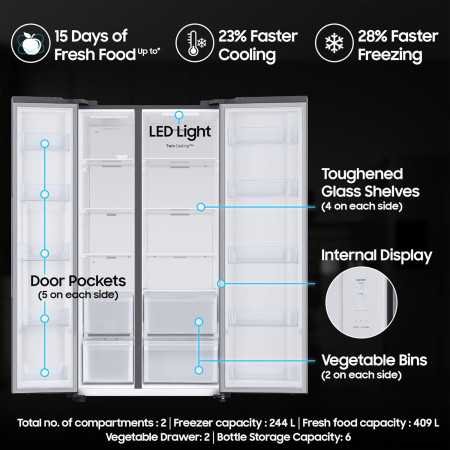 Samsung 653 L, 3 Star, Frost Free, Double Door, Convertible 5-in-1 Digital Inverter, Side By Side AI Enabled Smart Refrigerator