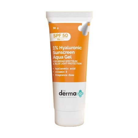 The Derma Co 1% Hyaluronic Sunscreen SPF 50 Aqua Gel, PA++++, Lightweight, No white-cast for Broad Spectrum & Blue Light