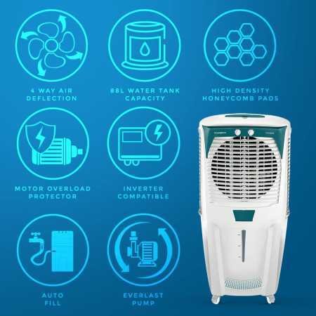 Crompton Ozone Desert Air Cooler- 75L with Everlast Pump, Auto Fill, 4-Way Air Deflection and High Density Honeycomb Pads White Crompton Ozone Desert Air Cooler- 75L with Everlast Pump, Auto Fill, 4-Way Air Deflection and High Density Honeycomb Pads White