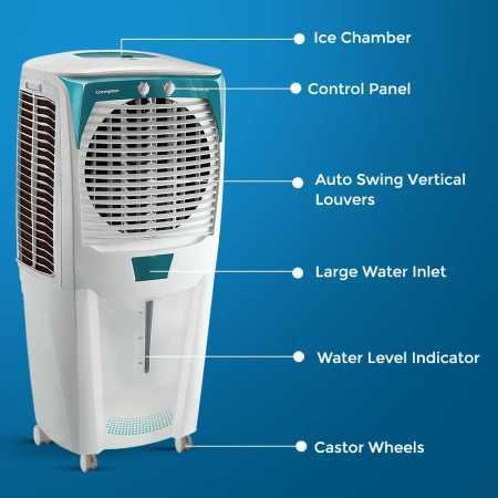 Crompton Ozone Desert Air Cooler- 75L with Everlast Pump, Auto Fill, 4-Way Air Deflection and High Density Honeycomb Pads White Crompton Ozone Desert Air Cooler- 75L with Everlast Pump, Auto Fill, 4-Way Air Deflection and High Density Honeycomb Pads White