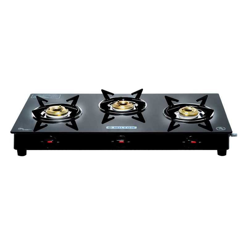 MILTON Premium 3 Burner Black Manual Ignition LPG Glass Top Gas Stove, (ISI Certified) MILTON Premium 3 Burner Black Manual Ignition LPG Glass Top Gas Stove, (ISI Certified)
