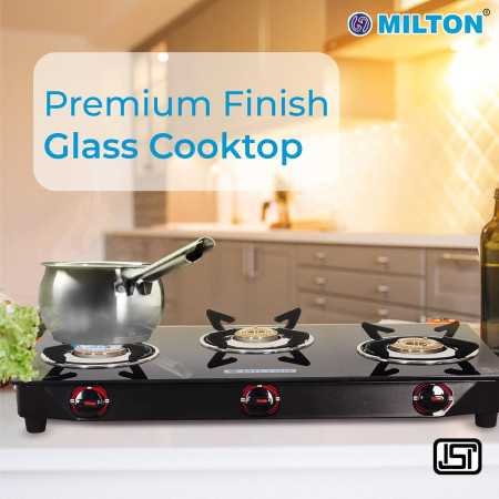 MILTON Premium 3 Burner Black Manual Ignition LPG Glass Top Gas Stove, (ISI Certified) MILTON Premium 3 Burner Black Manual Ignition LPG Glass Top Gas Stove, (ISI Certified)