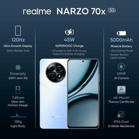 realme NARZO 70x 5G (Ice Blue, 6GB RAM,128GB Storage)|120Hz Ultra Smooth Display|Dimensity 6100+ 6nm 5G|50MP AI Camera|45W