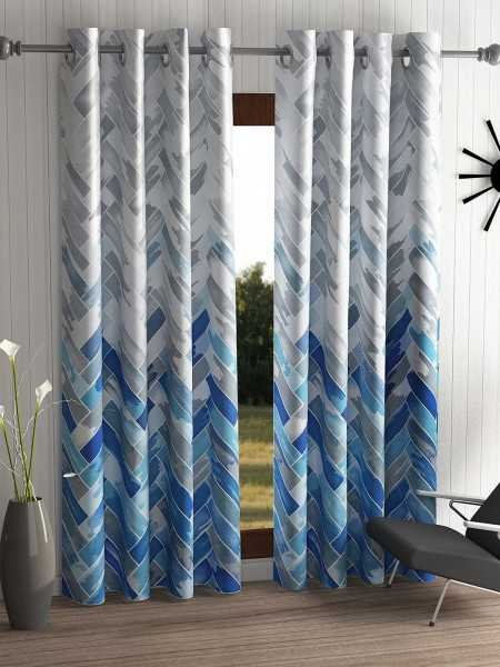 Home Sizzler 2 Pieces Geometrical Panel Eyelet Polyester Door Curtains 7 Feet, Blue(Eyelet),Grommet Curtains