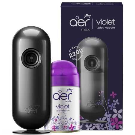 Godrej aer Matic Kit (Machine + 1 Refill) - Automatic Room Fresheners with Flexi Control Spray | Violet Valley Bloom | 2200