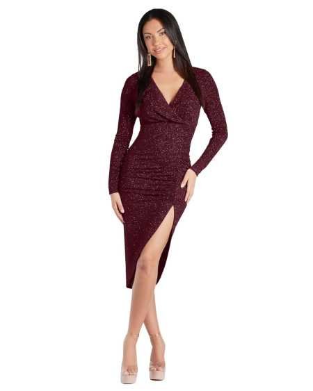 ADDYVERO V-Neck Long Sleeve Lurex Gliter Solid Front slit Front ruched seam Bodycon above Knee length Women Dress
