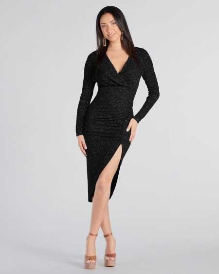 ADDYVERO V-Neck Long Sleeve Lurex Gliter Solid Front slit Front ruched seam Bodycon above Knee length Women Dress