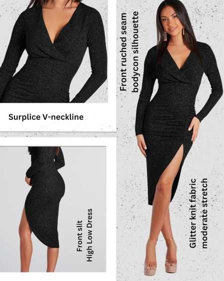 ADDYVERO V-Neck Long Sleeve Lurex Gliter Solid Front slit Front ruched seam Bodycon above Knee length Women Dress