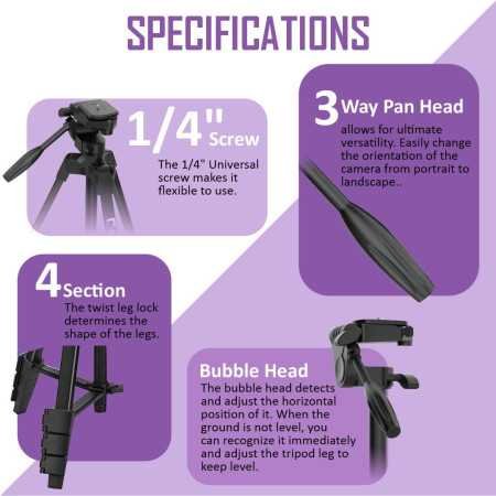 Syvo WT 3130 Aluminum Tripod (133CM), Universal Lightweight Tripod with Mobile Phone Holder Mount & Carry Bag for All Smart