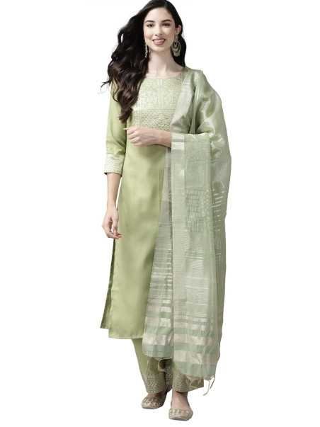 INDO ERA Women's Cotton Blend Yole Design Straight Kurta Palazzo With Dupatta Set