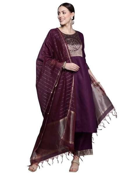 INDO ERA Women's Cotton Blend Yole Design Straight Kurta Palazzo With Dupatta Set