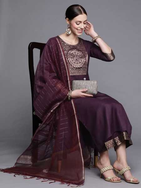 INDO ERA Women's Cotton Blend Yole Design Straight Kurta Palazzo With Dupatta Set