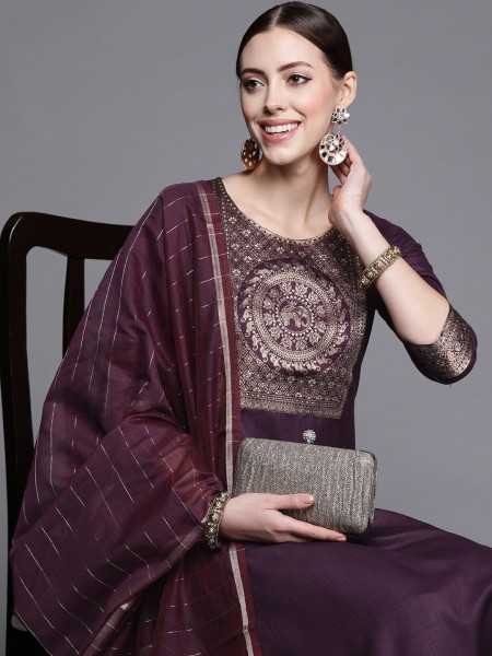 INDO ERA Women's Cotton Blend Yole Design Straight Kurta Palazzo With Dupatta Set