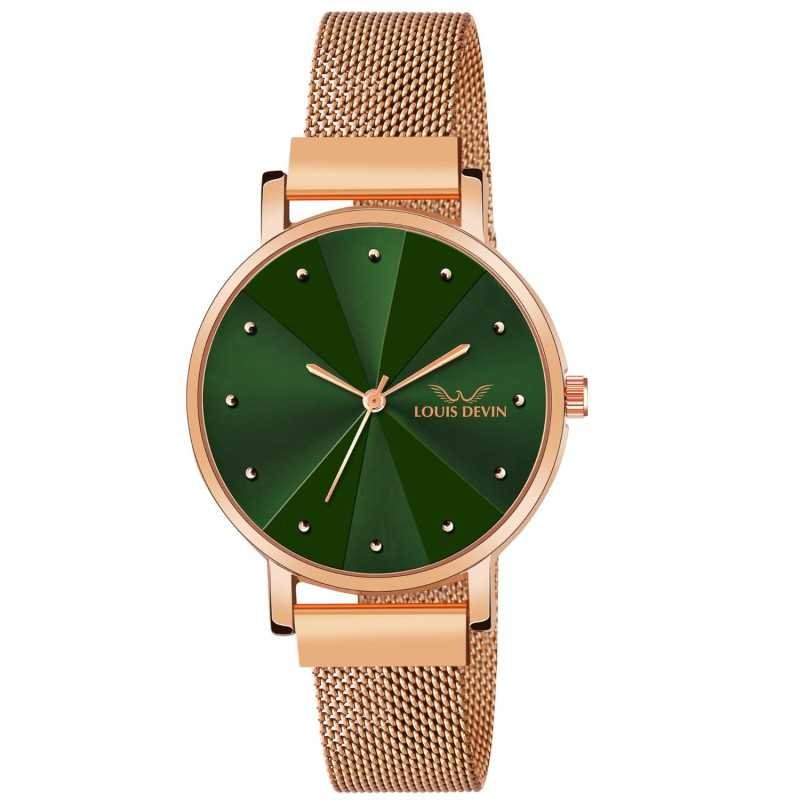 LOUIS DEVIN Rose Gold Plated Mesh Chain Analog Wrist Watch for Women (Blue/Green/Brown/Black Dial) | LD-RG173