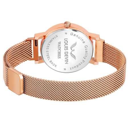 LOUIS DEVIN Rose Gold Plated Mesh Chain Analog Wrist Watch for Women (Blue/Green/Brown/Black Dial) | LD-RG173