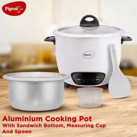 Pigeon by Stovekraft Joy Rice Cooker with Single pot, 1 litres. (White) | Toughened Glass Lid | 400 Watts | Aluminium Cooking