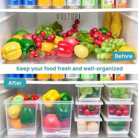VOLTURI Fridge Storage Boxes (Pack of 6), Fridge Organizer with Removable Drain Plate Fridge Storage Containers Keeps Fruits,