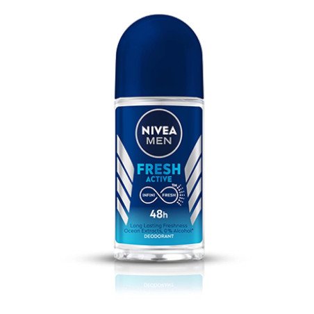 NIVEA MEN Fresh Active 50ml Deo Roll On | With Fresh Ocean Extracts| 48 H Freshness| 0% Alcohol | Dermatalogically Approved &