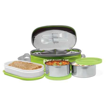 MILTON Executive Lunch Insulated Tiffin, 2 Round Containers, 280 ml Each, 1 Oval Container, 450 ml, Green | Easy to Carry | Leak