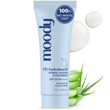 Moody Sunscreen With Hyaluronic & SPF 50 PA +++ UVA/B Broad Spectrum Protection Dewy Skin | No White Cast with 7D Hydro Burst |