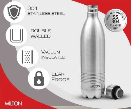 Milton Duo DLX 1000 Thermosteel 24 Hours Hot and Cold Water Bottle, 1 Litre, Silver