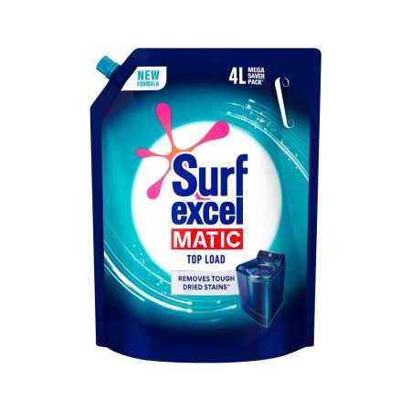 Surf Excel Matic Top Load Liquid Detergent 4L Refill Pouch, Specially designed to remove Tough Dried Stains, 1st time in Washing