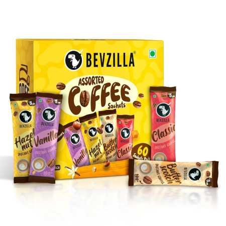 Bevzilla 60 Instant Coffee Powder Sachets(4 Flavours) - 120 Grams | Turkish Hazelnut, Colombian Gold, French Vanilla & English