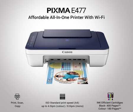 Canon PIXMA E477 All in One (Print, Scan, Copy) WiFi Ink Efficient Colour Printer for Home/Student