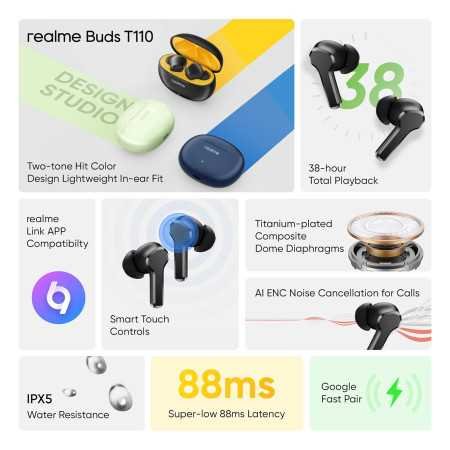 realme Buds T110 with Ai Enc for Calls, Upto 38 Hours of Playback and Fast Charging Bluetooth in Ear Headset (Country Green,