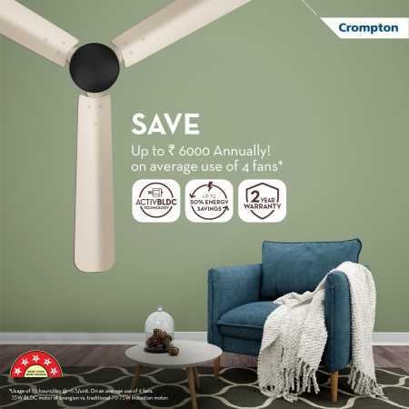 Crompton Energion Hyperjet 1200mm BLDC Ceiling Fan | Point Anywhere Remote Control | BEE 5 Star Rated Energy Efficient |