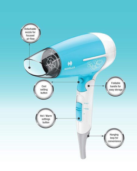 Havells 1200 Watts Foldable Hair Dryer 3 Heat Settings With Cool Shot (Hot/Cool/ Warm), Heat Balance Technology|Cool