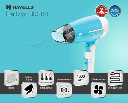 Havells 1200 Watts Foldable Hair Dryer 3 Heat Settings With Cool Shot (Hot/Cool/ Warm), Heat Balance Technology|Cool