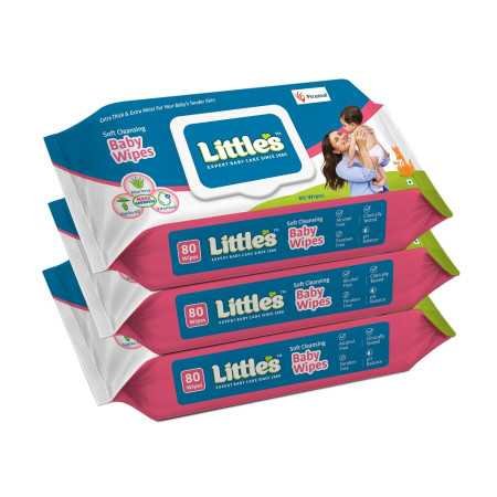 Little's Soft Cleansing Baby Wipes Lid, 80 Wipes (Pack of 3)