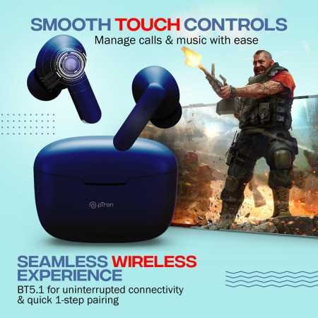 pTron Bassbuds Duo in-Ear Bluetooth 5.1 Wireless Headphones, Stereo Audio, Touch Control TWS Earbuds with HD Mic, Type-C Fast