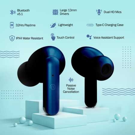 pTron Bassbuds Duo in-Ear Bluetooth 5.1 Wireless Headphones, Stereo Audio, Touch Control TWS Earbuds with HD Mic, Type-C Fast