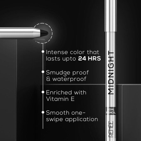RENEE Midnight Kohl Pencil - Smudgeproof and Waterproof Kajal - 24 Hrs Long Stay - Darkest Black - One Swipe Application - Rich