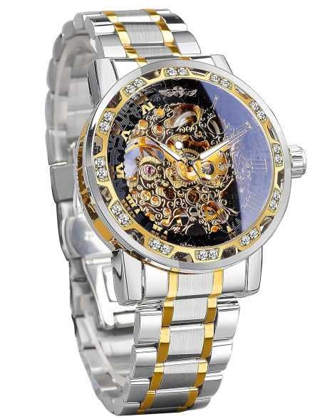 FORSINING Mechanical Men's Watch(Gold Dial Silver Colored Strap)-S1089-2