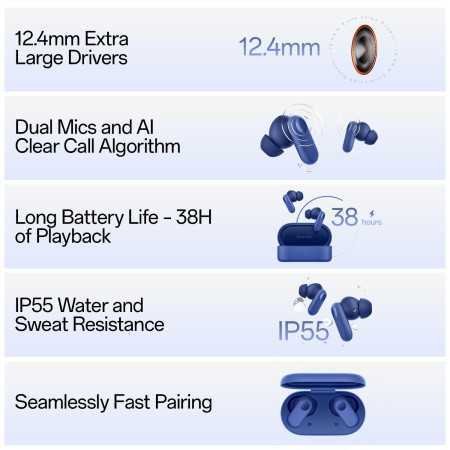 OnePlus Nord Buds 2r True Wireless in Ear Earbuds with Mic, 12.4mm Drivers, Playback:Upto 38hr case,4-Mic Design, IP55 Rating [